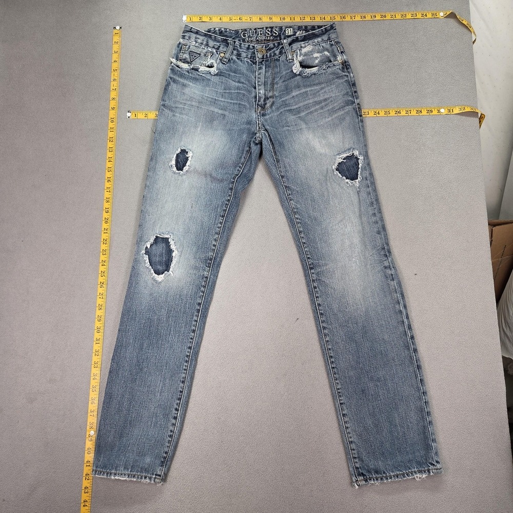 VTG Guess Jeans Womens Blue Thrashed Patched Slim Straight Button Fly Fits 30x32